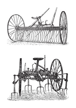  Old hay tedder machine / vintage illustration from Brockhaus Konversations-Lexikon 1908