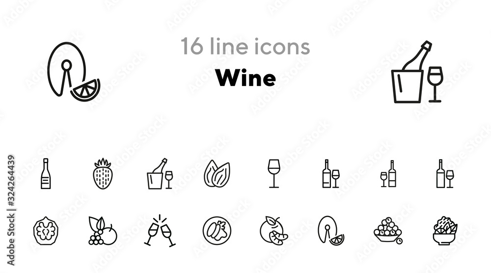 Poster wine line icon set. set of line icons on white background. drinking concept. grape, fruit, bottle. v