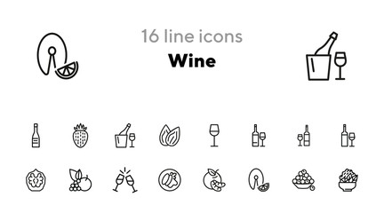 Wine line icon set. Set of line icons on white background. Drinking concept. Grape, fruit, bottle. Vector illustration can be used for topics like food, restaurant, cafe