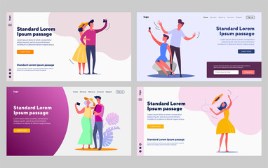 Obraz na płótnie Canvas Happy tourists set. Couples taking selfie, people wearing summer clothes. Flat vector illustrations. Lifestyle, leisure, vacation concept for banner, website design or landing web page