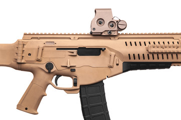 Modern automatic carbine with collimator sight isolate on white background. Weapons for the army,...