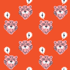 Cute tiger cat face seamless pattern vector print, nursery illustration in scandinavian style, animal pink skin repeat design, kids wrapping paper