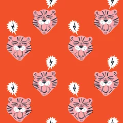 Wall murals Scandinavian style Cute tiger cat face seamless pattern vector print, nursery illustration in scandinavian style, animal pink skin repeat design, kids wrapping paper