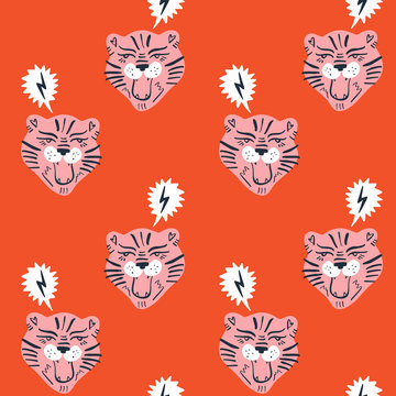 Cute tiger cat face seamless pattern vector print, nursery illustration in scandinavian style, animal pink skin repeat design, kids wrapping paper