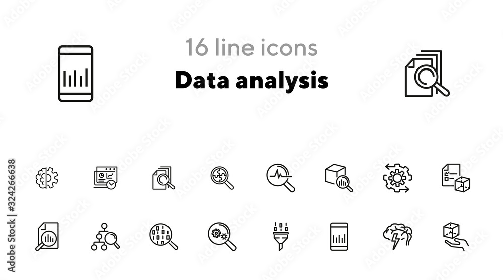 Poster data analysis line icon set. binary code, graph, gear. information technology concept. can be used f