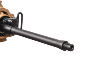 Modern automatic carbine with collimator sight isolate on white background. Weapons for the army,...