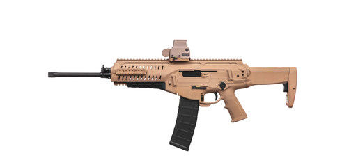 Modern automatic carbine with collimator sight isolate on white background. Weapons for the army,...