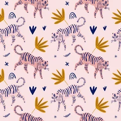 Wallpaper murals Scandinavian style Cute tiger cat seamless pattern vector print, nursery illustration in scandinavian style, animal pink skin repeat design, kids wrapping paper