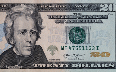 Closeup of front side of 20 dollar banknote