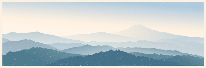 Mountain morning landscape panoramic type with the silhouettes of the mountains against the dawn