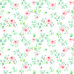 Eucaliptys and rose roses seamless pattern on a white background. Stock illustration hand painted in watercolor.