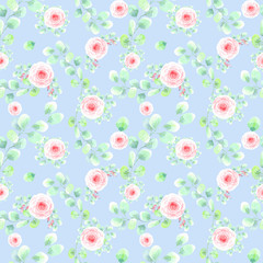 Eucaliptys and rose roses seamless pattern on a blue background. Stock illustration hand painted in watercolor.
