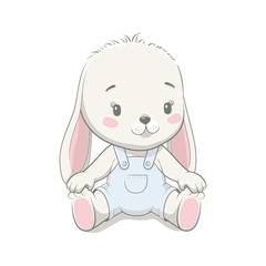 Cute baby bunny cartoon vector illustration. Illustration in hand drawing style for baby shower. Greeting card, party invitation, fashion clothes t-shirt print.
