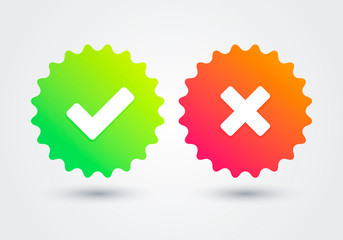 Vector Illustation tick and cross medal signs. Green checkmark and red X seal icons.