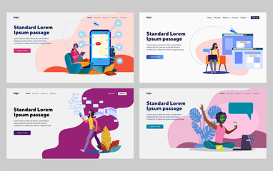 Woman using digital devices set. Online shopping, blogger, smartphone, laptop. Flat vector illustrations. Internet, wireless communication concept for banner, website design or landing web page