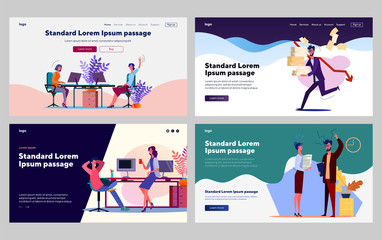 Lazy office workers set. Employees chatting, drinking coffee ant workplace, loosing papers, running. Flat vector illustrations. Business, failure concept for banner, website design or landing web page
