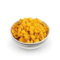 Potato ring spicy ramen korean flavour In a white ceramic cup, hight angle, on white isolated background. with clipping paths.