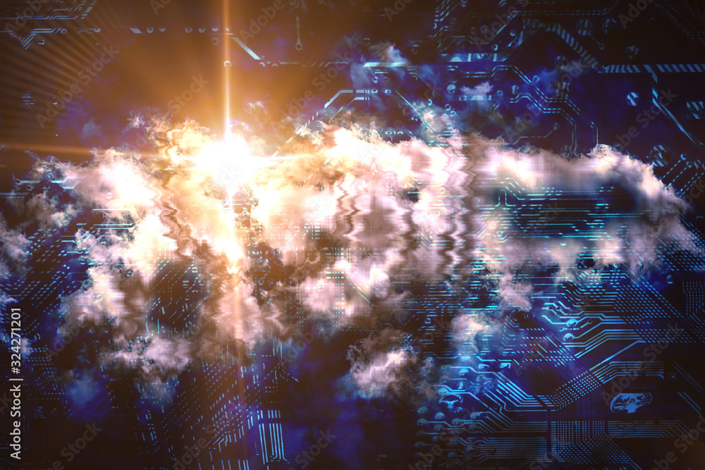 Poster quantum computing and cloud comluting concept. abstract glowing electronic circuit with clouds and l