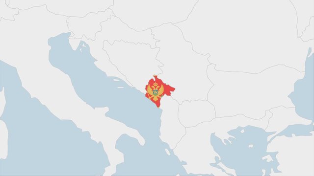 Montenegro map highlighted in Montenegro flag colors and pin of country capital Podgorica.