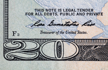 Closeup of front side of 20 dollar banknote