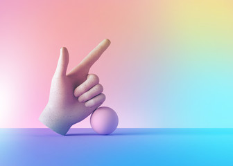 3d render mannequin hand and ball, finger pointing up, direction gesture, isolated on colorful pastel background, minimal fashion concept, simple clean design. Limb prosthesis