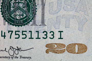 Closeup of front side of 20 dollar banknote
