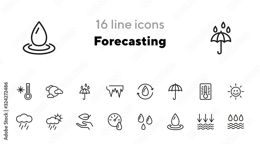 Poster forecasting line icon set. set of line icons on white background. environment concept. rain, cloud, 