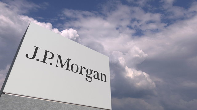Logo of JPMORGAN on a stand against cloudy sky, editorial 3D rendering