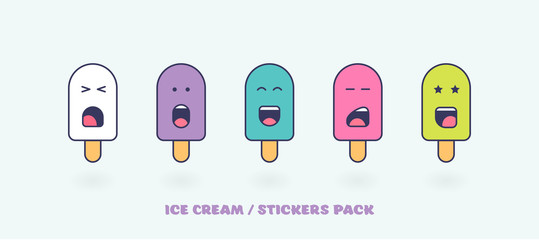 Ice Cream Stickers Pack. Cartoon Fun Characters Emoji Vector Illustration Set. Summer and Sweet Emotions Sticker Pack. Ice Cream Cute Characters Illustration.
