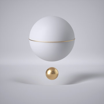 3d Render, Abstract White Background, Minimal Design, Clean Style. Floating Ball, Levitating Sphere, Flying Bubble. Gravity Concept. Hole, Dimple, Pit. Empty Template, Copy Space. Modern Blank Mockup