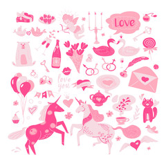 Romantic set of vector objects for Valentines Day. Love symbols isolated on white: pink unicorns, swans, hearts, birds, flowers, angels, sweets an candies.  - 324273230