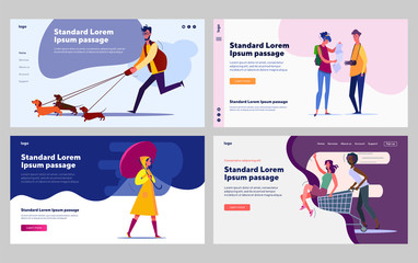 People outside set. Man with dog, woman in rain, tourists walking, shopping. Flat vector illustrations. Outdoor activities, city lifestyle concept for banner, website design or landing web page