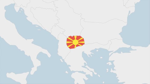 North Macedonia map highlighted in Macedonia flag colors and pin of country capital Skopje.