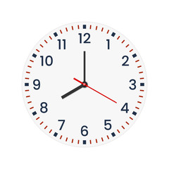 Realistic clock face with minute, hour numbers and second hand. Red center. Symbol watch isolated on white, to use for web and mobile UI. EPS 10