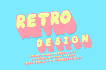 Retro style italic alphabet, long shadow vintage design. Pink yellow vector font, uppercase and lowercase letters, numbers, punctuation marks