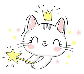 Hand drawn cat in the crown and wand. Cartoon character vector illustration. Childish design print on t-shirt.