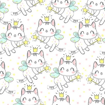 Cat with wings and wand pattern. Childish design print seamless. Background vector illustration.
