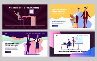 Corporate communication set. Lazy and hardworking managers working on projects. Flat vector illustrations. Business, efficiency concept for banner, website design or landing web page