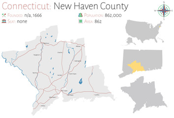 Large and detailed map of New Haven county in Connecticut, USA. - obrazy, fototapety, plakaty