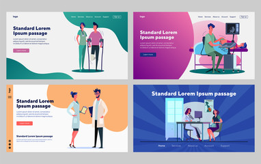 Fototapeta na wymiar Medical support and consultation set. First aid station, ultrasound scan, doctor office. Flat vector illustrations. Help, healthcare, examination concept for banner, website design or landing web page