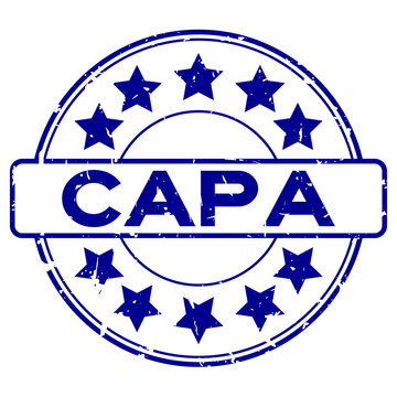 Grunge blue CAPA (abbreviation of corrective action and preventive action) word with star icon round rubber seal stamp on white background