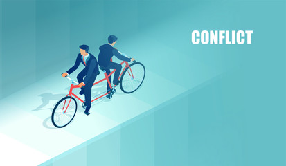 Fototapeta na wymiar Vector of two conflicting businessmen riding a bicycle in opposite directions.