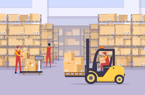 Vector of a warehouse with boxes and employees working