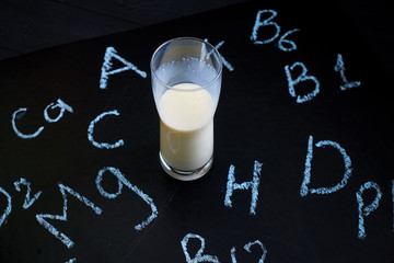 List of vitamins in milk. A glass with white liquid and the written name Vitamin on a black...