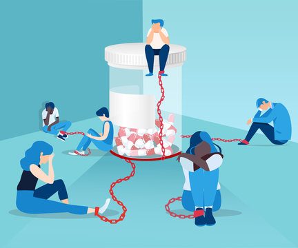 Vector Of People Opioid Addicts Chained To The Bottle Of Painkiller Pills