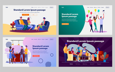 Friends gathering together set. People meeting at home, drinking beer in bar, birthday. Flat vector illustrations. Friendship, communication concept for banner, website design or landing web page