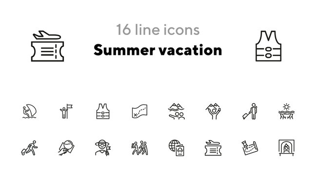 Summer Vacation Icon Set. Line Icons Collection On White Background. Flight, Sightseeing, Destination. Tourism Concept. Can Be Used For Topics Like Traveling, Journey, Resort