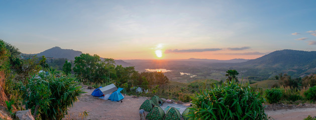 Travelers camping To see the sunset on the top of Khao Kho Phetchabun Province, Thailand