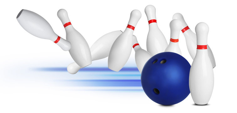 Bowling pins and ball on white background