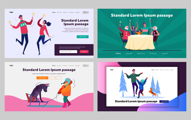Family enjoying Christmas time together set. Having fun outdoors, dancing in party. Flat vector illustrations. Togetherness, holiday concept for banner, website design or landing web page